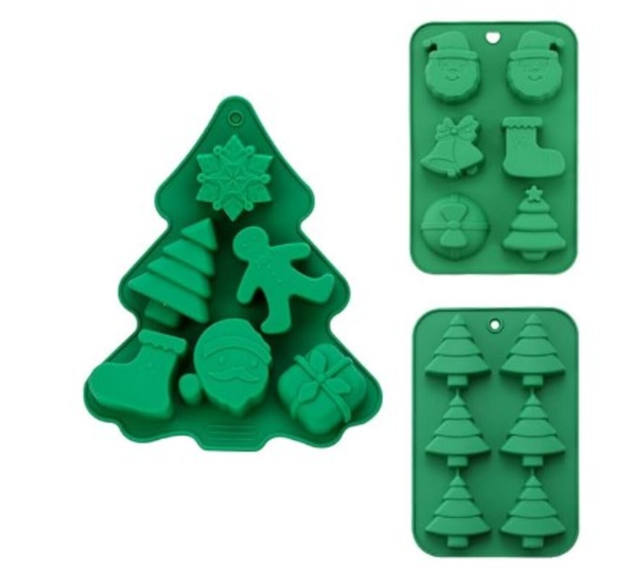 3pcs Christmas Silicone Chocolate Molds,Including a Christmas Tree, Santa Claus, Gingerbread Man, Bell, Christmas Stocking, Snowflake Shaped Silicone Mold,Baking Mould for Mini Cakes, Chocolate Etc.